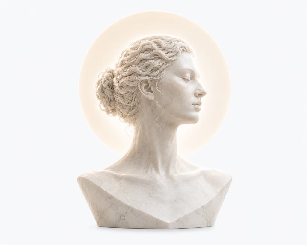 A serene marble bust in profile before a soft golden halo.